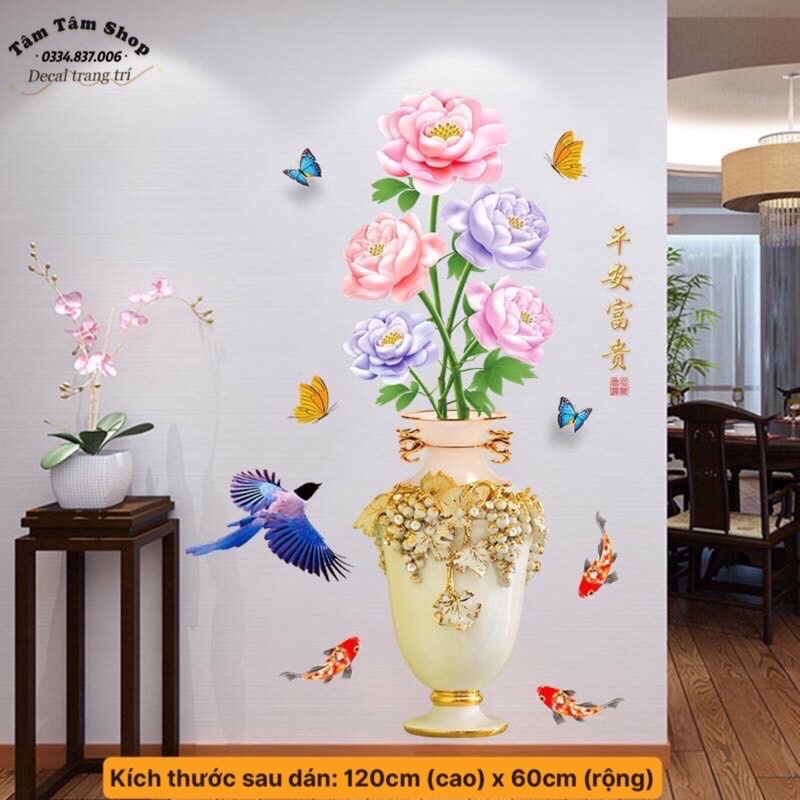 Tranh dán tường bình hoa hồng trang trí phòng khách.