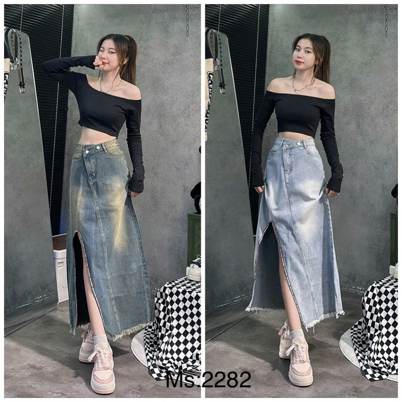 Chân váy jean dài khoét đùi núc lệch