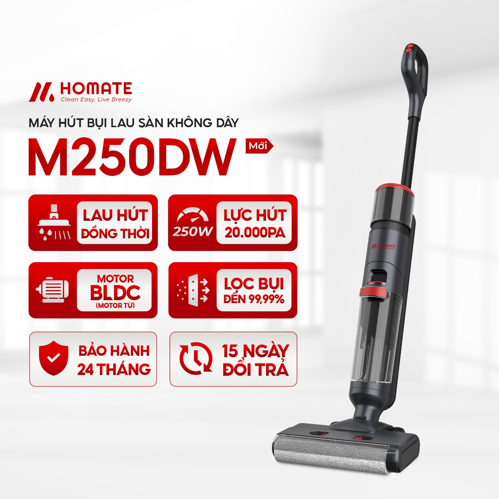Máy Hút Bụi Gia Đình Không Dây HOMATE M250D, Motor BLDC Công Suất 250W - 25.000Pa, Lọc HEPA 99.99%