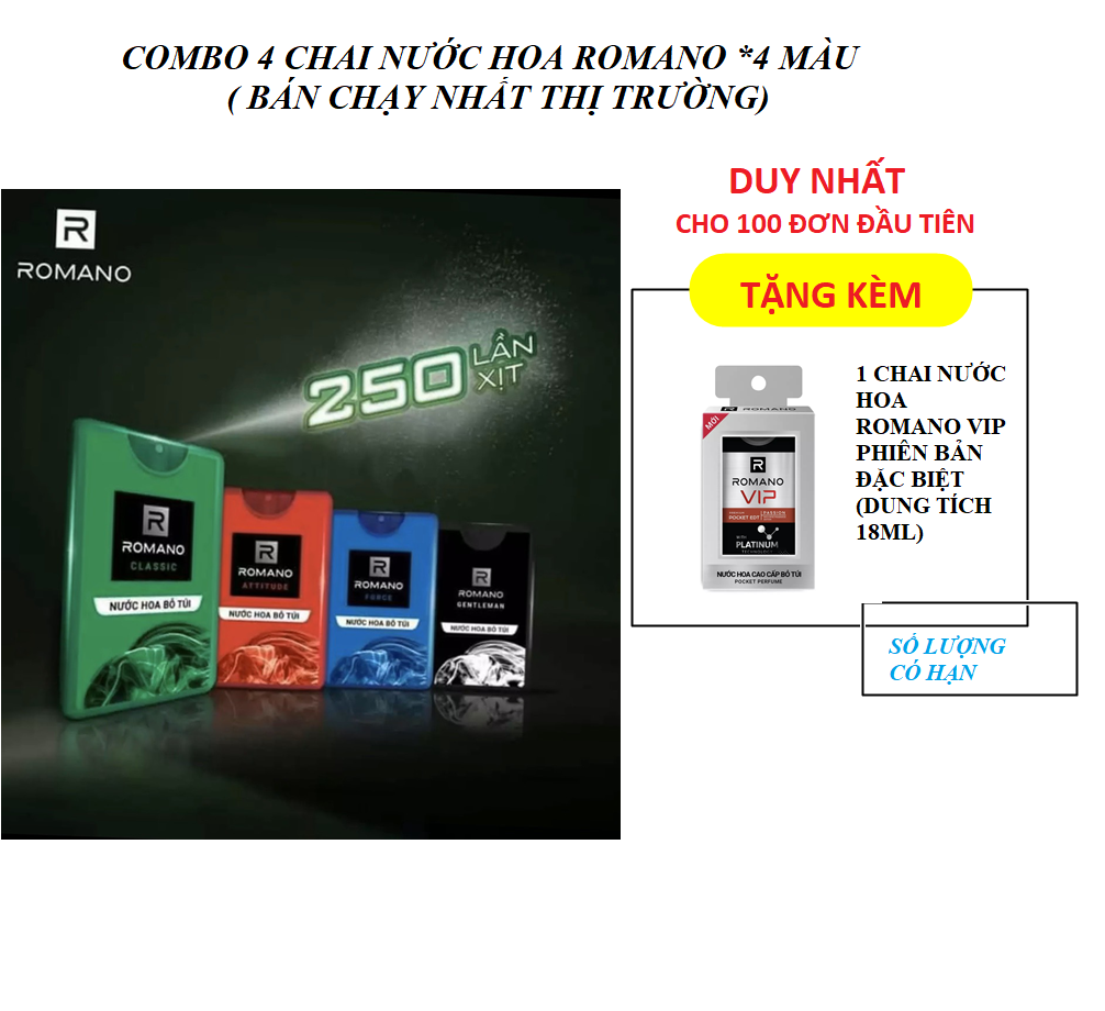 Romano - Combo 4 x Nước hoa bỏ túi 18 ml + Tặng 1 CHAI NƯỚC HOA VIP TRỊ GIÁ 40K