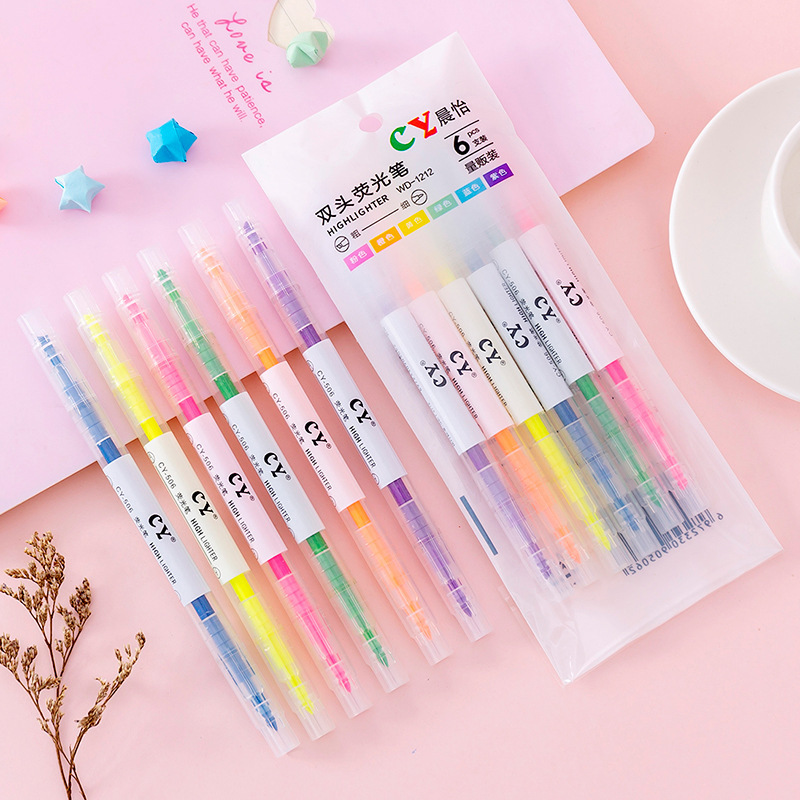 Set 6 bút highlight pastel dạ quang 2 đầu Gooo, đánh dấu nhớ phụ kiện văn phòng phẩm