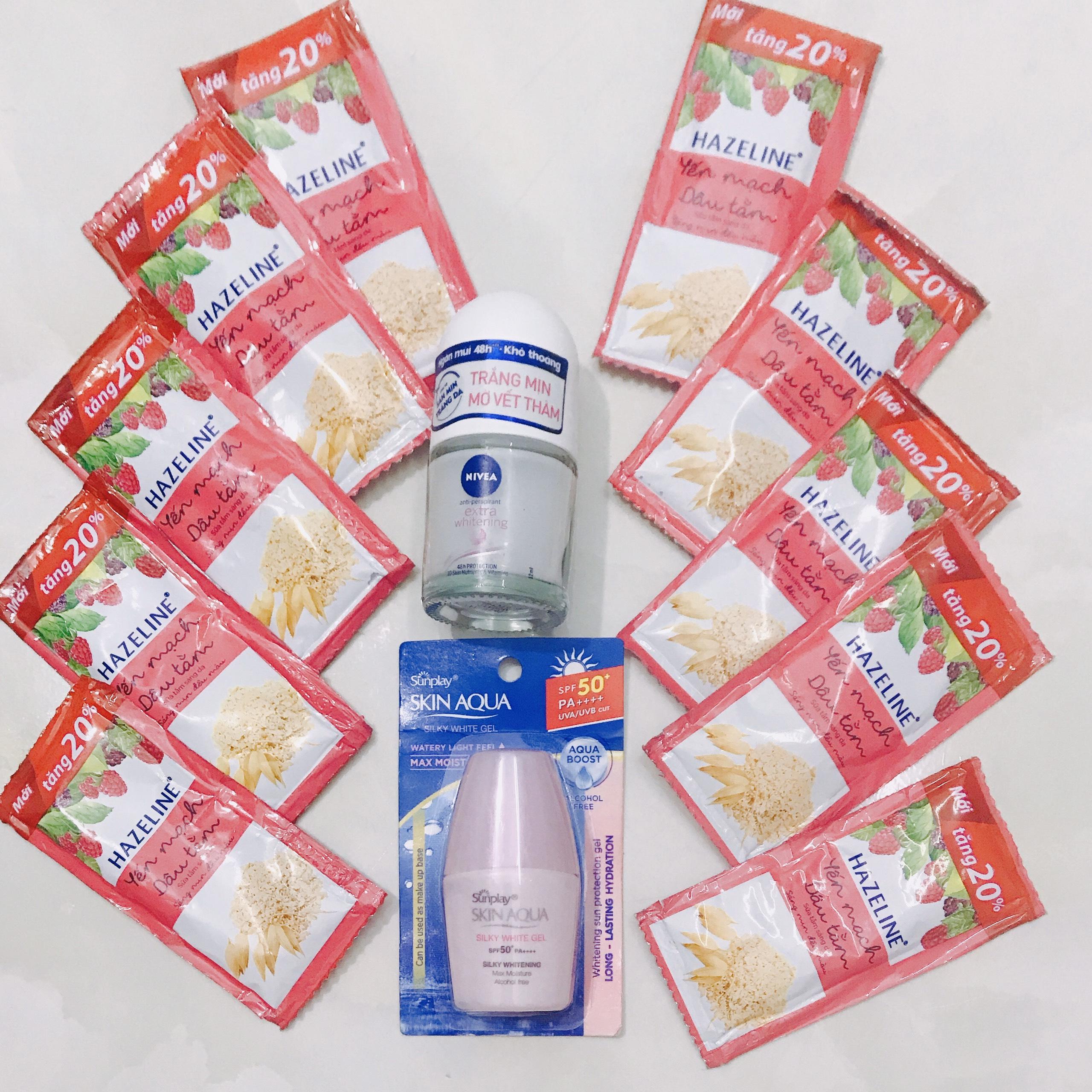 [HCM]Mua trọn bộ 12 món - Tặng 8 gói sửa rửa mặt ngừa mụn 4g : 10gói sữa tắm dâu tằm yến mạch hazeline 6g + 1chai kem chống nắng 6g + 1chai lăn khử mùi nivea 12ml