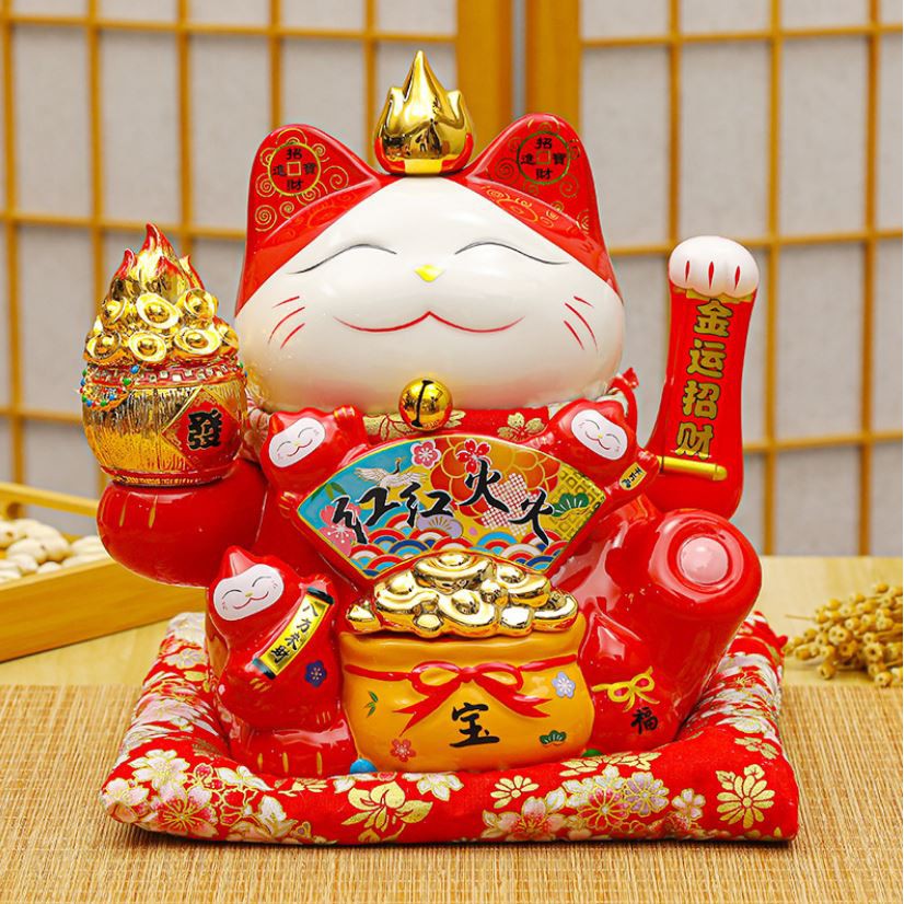 Mèo Thần Tài Sứ , Mèo May Mắn Maneki Neko cao  27cm. Vẩy Tay Gọi Khách BÁT PHƯƠNG KHAI TÀI