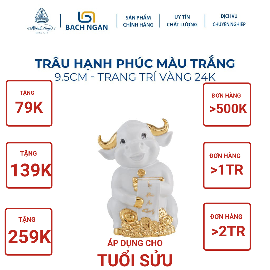 Tượng Trâu Phong Thủy Sứ Minh Long Hạnh Phúc 9.5 cm nhiều màu, trang trí vàng 24K đẹp, cao cấp tặng quà, trang trí để bàn