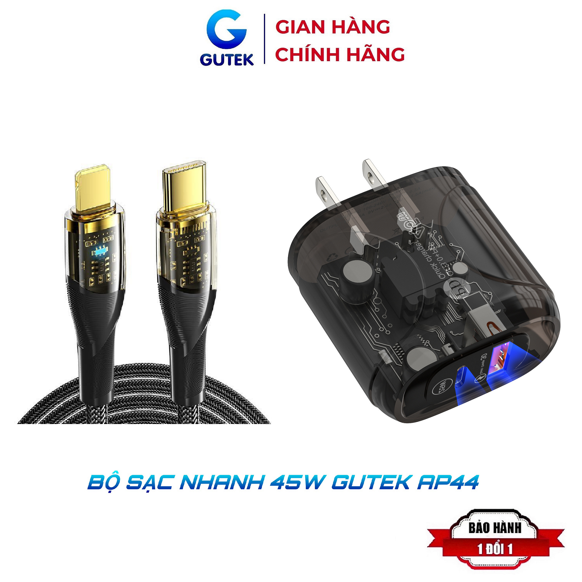 Bộ sạc nhanh pd 45w qc3.0 cho điện thoại - gutek ap44