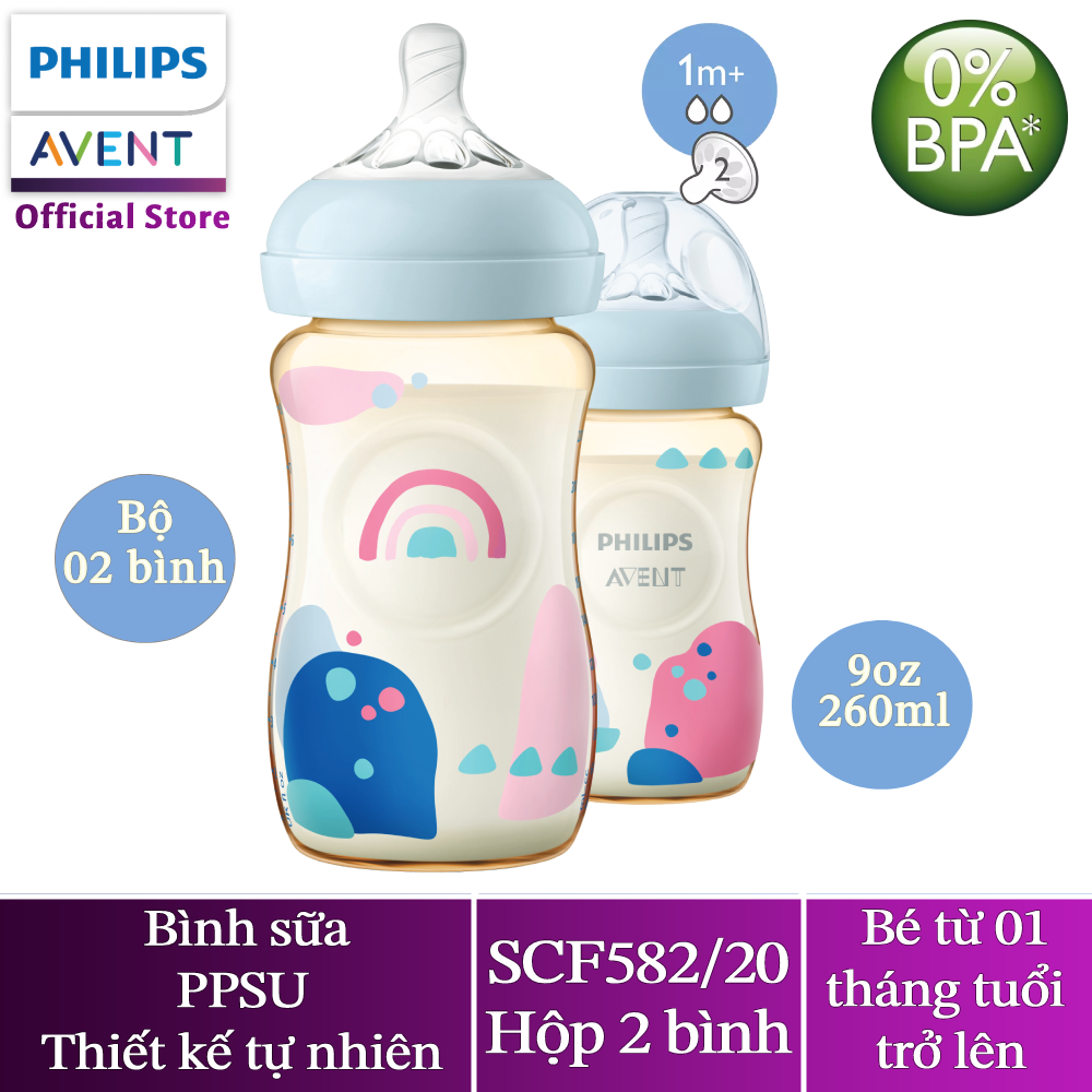Philips avet hộp 2 bình sữa ppsu thiết kế tự nhiên 260ml cho trẻ từ 1 tháng tuổi scf582/20