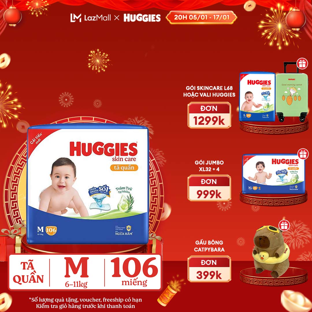 [CHỈ 20H 05-17.01 GIẢM THÊM 90K] Gói Tã/bỉm quần HUGGIES SKINCARE MEGA JUMBO size M 102+4 miếng