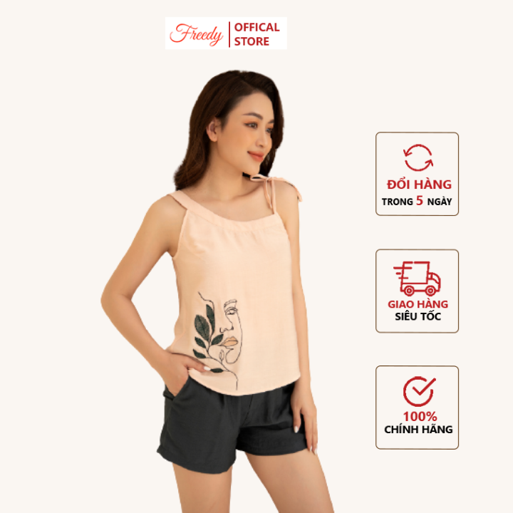 Đồ ngủ mặc nhà nữ Freedy Bộ 2 dây be phối nơ thêu họa tiết quần xanh