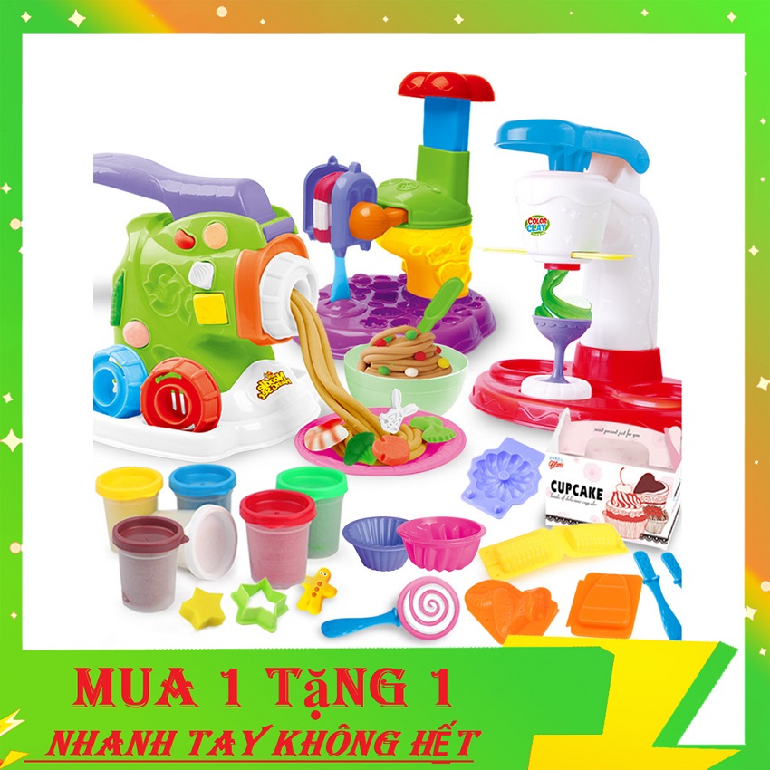Đồ chơi đất nặn bimbimkay gồm bộ làm bánh, làm mì, làm kem, xe bán kem cho bé lựa chọn