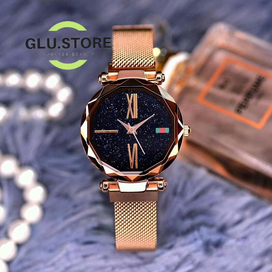 [HCM]Đồng hồ nữ mặt kim tuyến dây lưới nam châm màu vàng