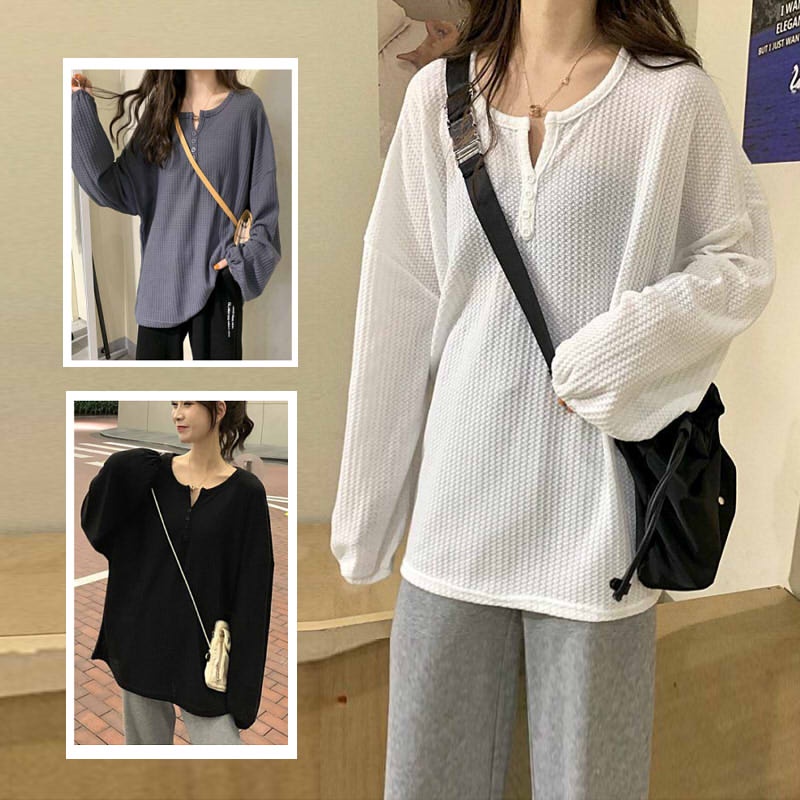 Áo thun tay bo cổ tròn cúc cài a042 áo thun dài tay nữ ulzzang trơn dáng rộng cổ v 3 màu anyashop234
