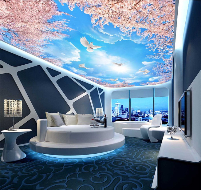 Tranh dán trần nhà 3D bầu trời hoa đào TN27 (Không phai màu)