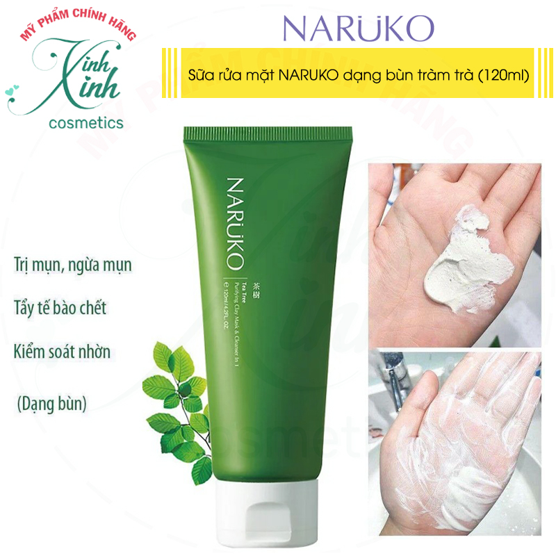 Sữa Rửa Mặt ⭐CHÍNH HÃNG⭐ Sữa rửa mặt NARUKO Dạng Bùn Tràm Trà 120ml Tea Tree Purifying Clay Mask & Cleanser In 1