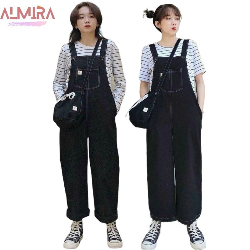 Quần Yếm Kaki Chỉ Nổi ống Suông Dài Màu Đen, Yếm Quần Ulzzang Phong Cách Hàn Quốc