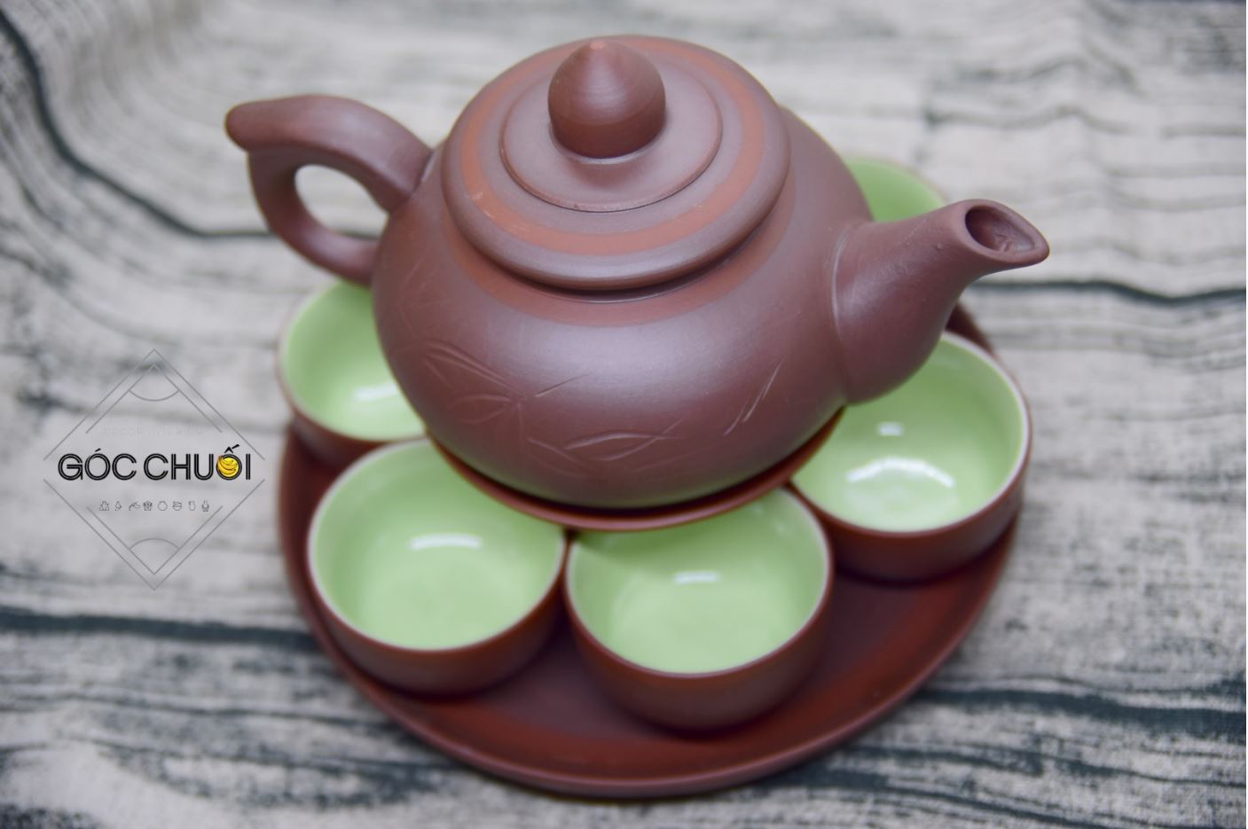 Bộ ấm chén tử sa Gốm sứ Bát Tràng (ấm 450ml) - dáng tiếu anh, bộ gồm 1 ấm, 6 chén, 1 đĩa kê, 1 khay tròn