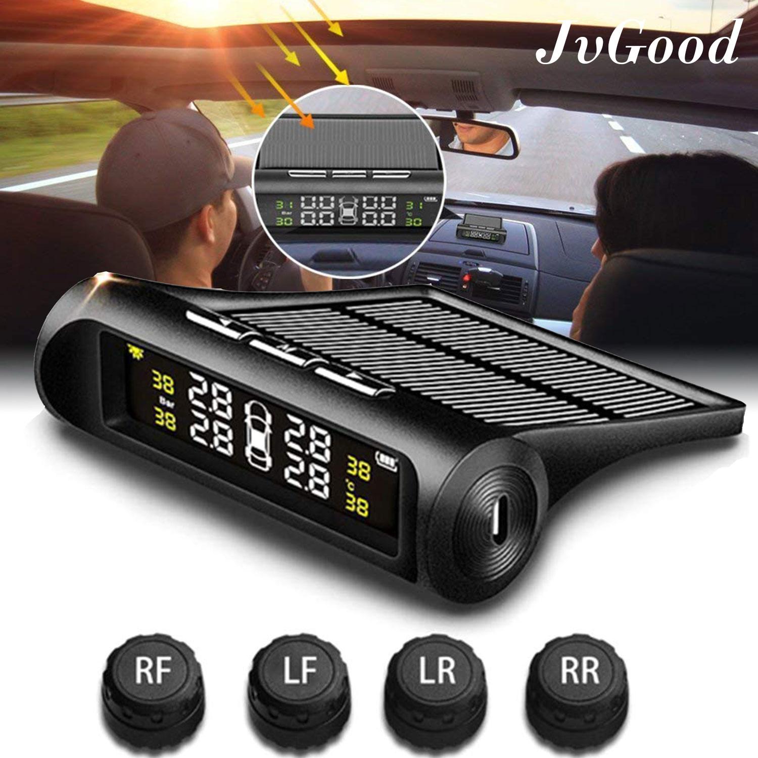 JvGood hệ thống giám sát áp suất lốp xe TPMS và 4 cảm biến áp suất thông minh màn hình LCD, chạy bằng năng lượng mặt trời, hỗ trợ sạc USB thích hợp cho xe Jeep/ xe địa hình/ xe buýt mini/ xe Sedan - INTL