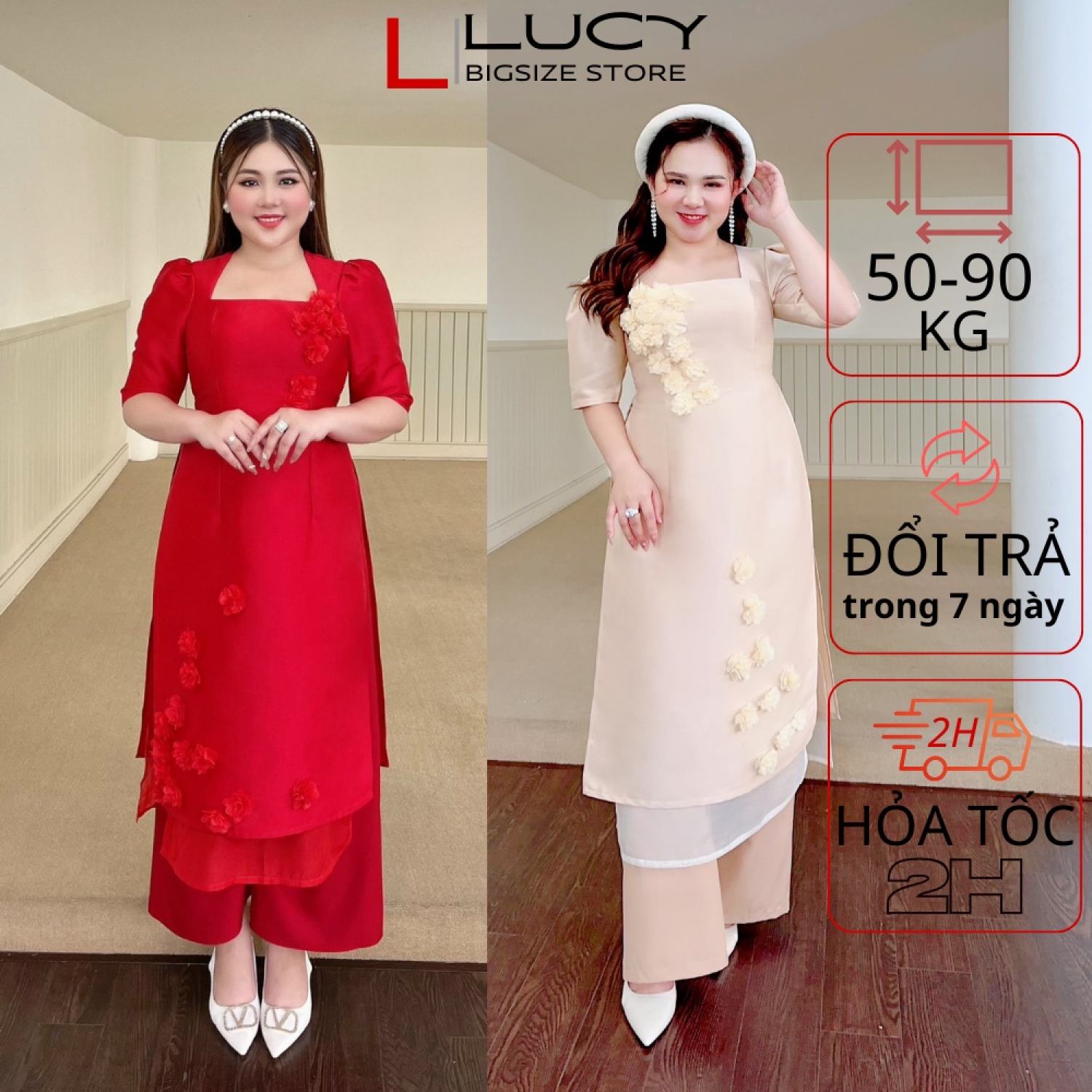 Áo dài bigsize nữ cách tân thiết kế bông 3d kèm quần lucy 50 - 90 kg