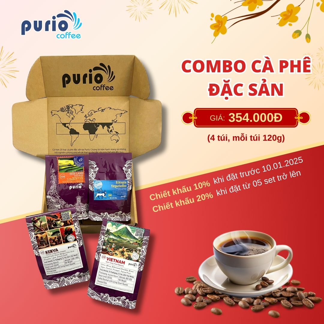Cà phê đặc sản - Combo TẾT 2026 Hạt/bột  (4 túi x 120g) nguyên chất - Purio Coffee (Combo 1)