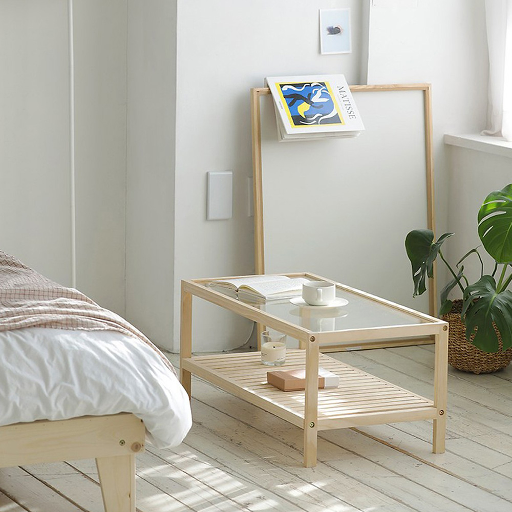 [Freeship] Bàn trà 2 tầng mặt kính IBIE Rect gỗ thông màu tự nhiên