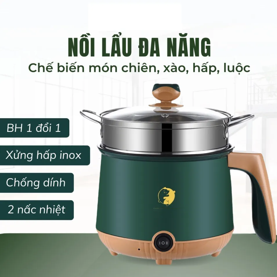 Nồi Lẩu mini đa năng, Nồi Điện Mini Ca Nấu Mì 18cm 2 Nấc Nhiệt Kèm Giá Hấp Inox, Đế Chống Dính, Chiên Xào, Hấp, Luộc, Ăn Lẩu Tiện Dụng,Bảo Hành 12 tháng