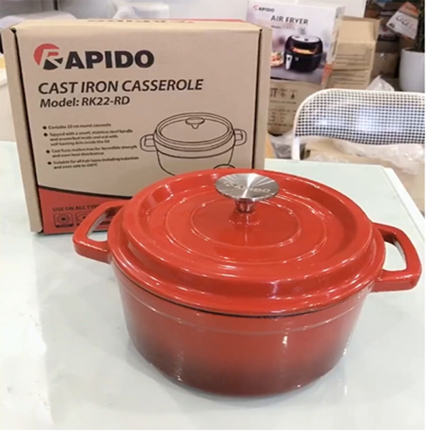 Nồi gang đúc tráng men Rapido RK24-RD, Đúc nguyên khối, Lòng nồi tráng men, Chịu sốc nhiệt lên tới 260 độ C, Sử dụng với mọi loại bếp