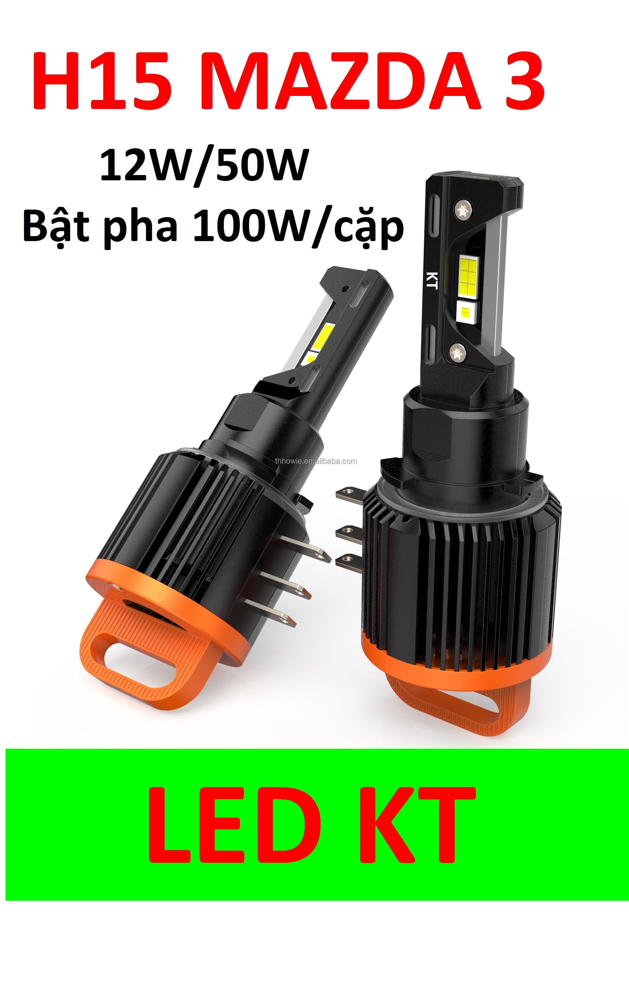 2 bóng đèn pha H15 cao cấp Canbus led KT 100W cho Mazda 3 daylight 3 ống kim loại giải nhiệt