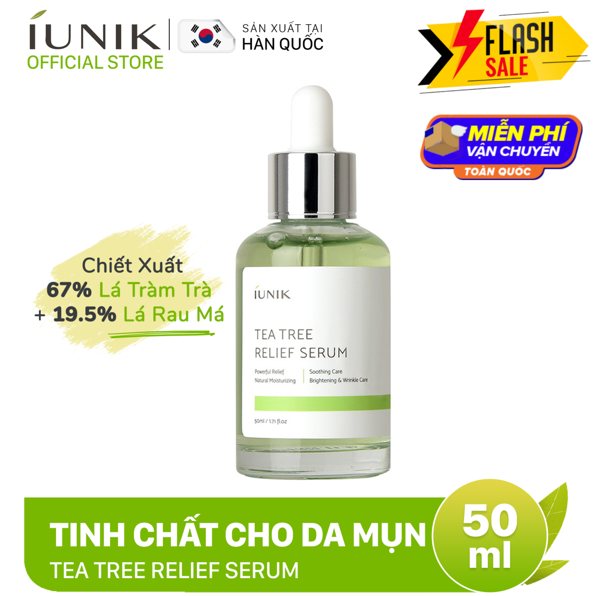 Tinh chất trà xanh dành cho da mụn và nhạy cảm IUNIK Tea Tree Relief Serum 50ml