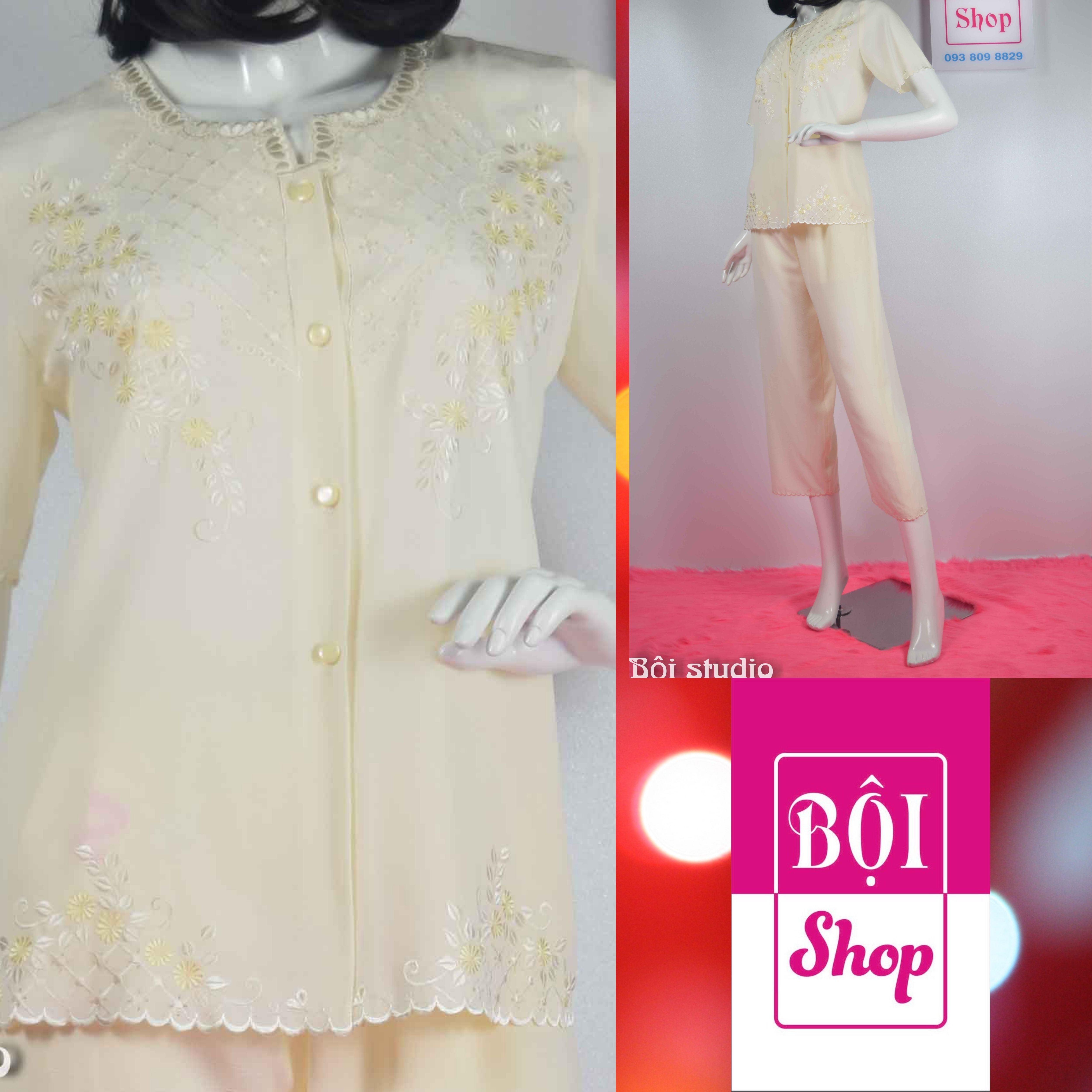 [HCM]Cotton Thêu Trung Niên Và Lớn Tuổi Loại Tay Ngắn Quần Dài- NATR-Màu Vàng Kem