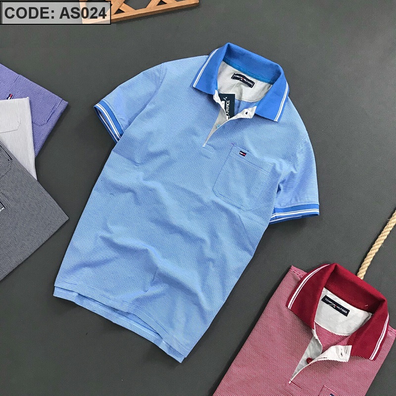 ÁO THUN NAM CỔ BẺ CÓ TÚI SỌC NGANG THUN COTTON DỆT MỀM MỊN