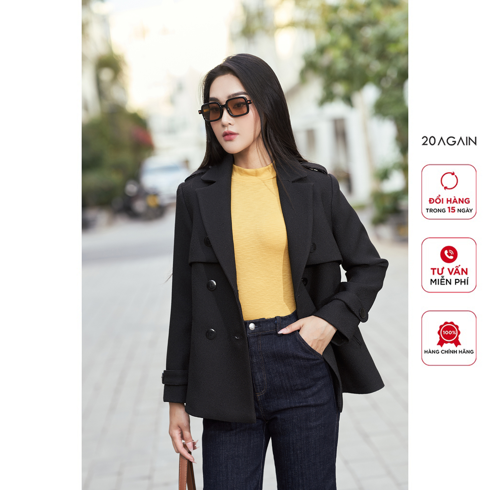 Áo khoác dạ cổ bẻ ve 20Again, thiết kế túi độc đáo, sành điệu KOA2499