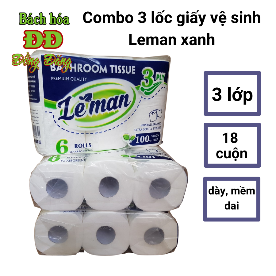 Combo (3 lốc) giấy vệ sinh cao cấp Leman Xanh - lốc 6 cuộn
