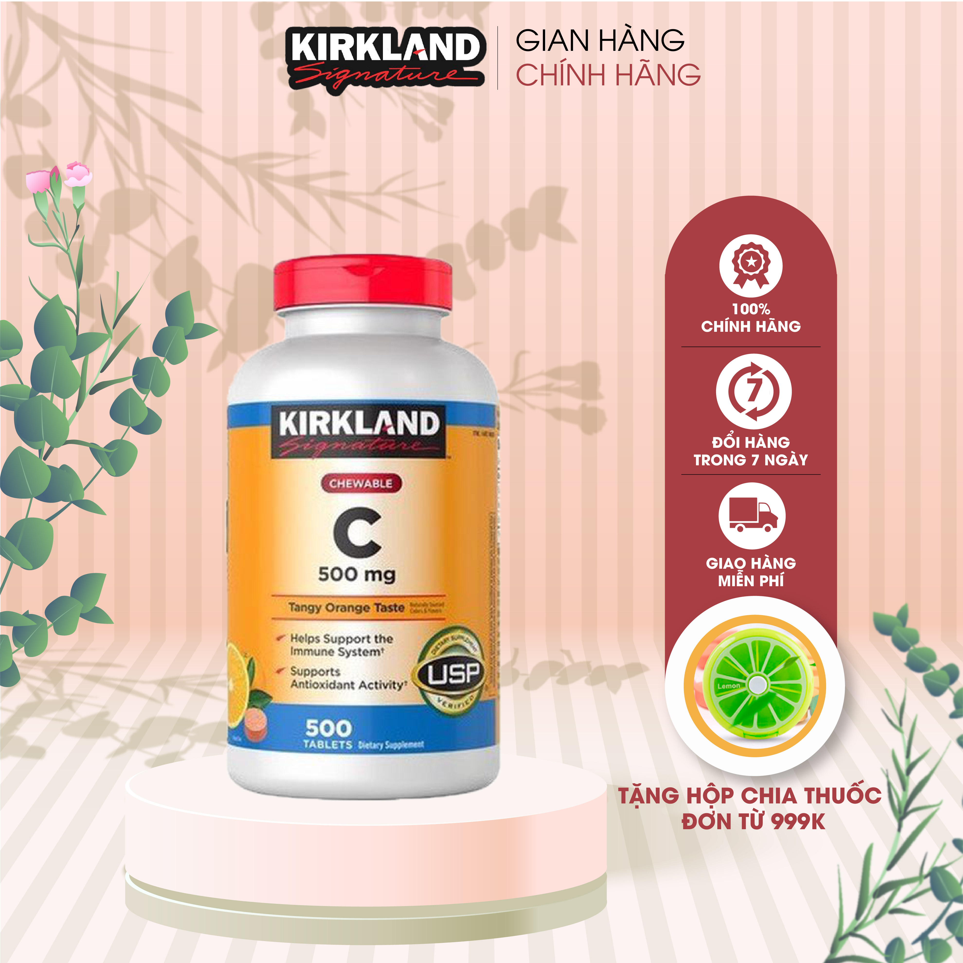 Combo Viên Nhai Bổ Sung Vitamin C 500mg Kirkland và Viên uống Vitamin E