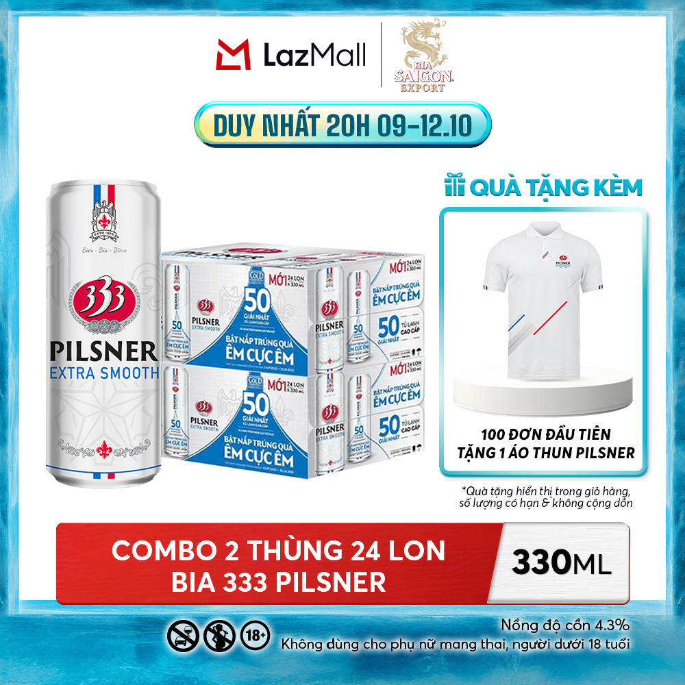 Nồng Độ Cồn 4.3% - Combo 2 Thùng 24 Lon Bia 333 Pilsner 330ml