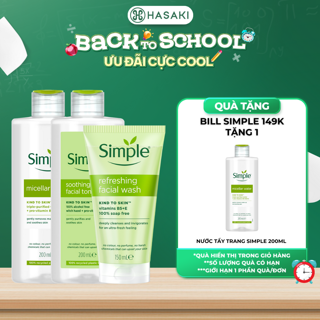[MUA LÀ CÓ QUÀ] Combo Simple | Tẩy trang 200ml + Sữa rửa mặt 150ml + Nước cân bằng 200ml cho da sạch khỏe đàn hồi - Hasaki - Chính hãng