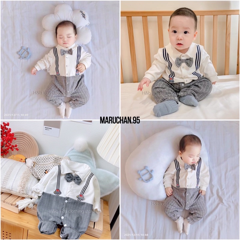Body dài tay body công tử nở kẻ yếm xám ô tô cho bé trai sơ sinh 4-11kg chất liệu da cá phối kẻ mịn mềm mại