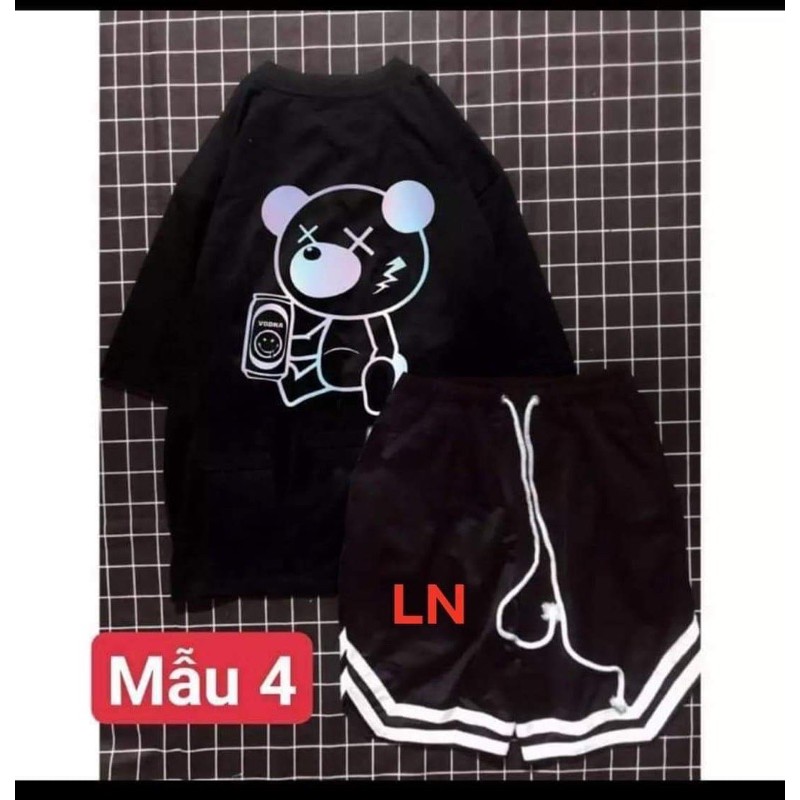 Sét áo phản quang they, gấu và quần đùi v ln12, sét bộ unisex cá tính, sét bộ mặc ở nhà cho nam và nữ, áo thun nam nữ, quần suông ống rộng - the thy