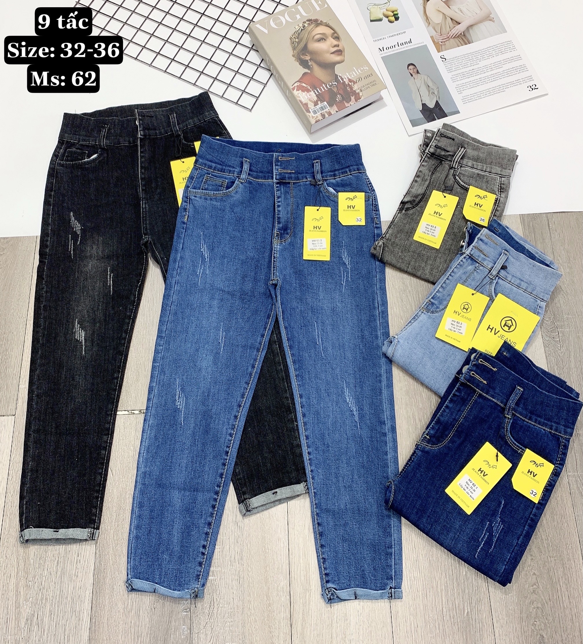 Quần Jean Nữ 9 Tấc Vải Co Giãn Mạnh Mẫu Cào Xước Lật Lai Lưng Cao 2 Nút Form Nhỏ Nhích Size