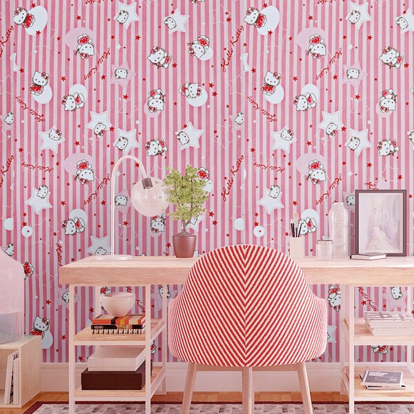 5 mét decal giấy dán tường khổ 45cm có sẵn keo - kitty sọc hồng ngôi sao ct020