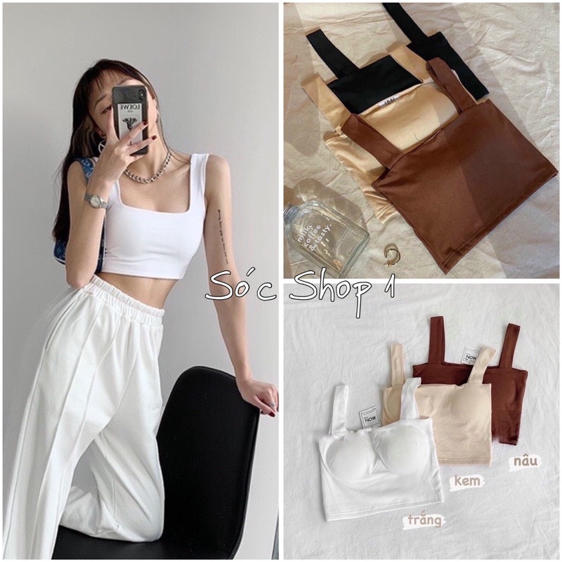 Áo thun croptop 2 dây bản to có đệm