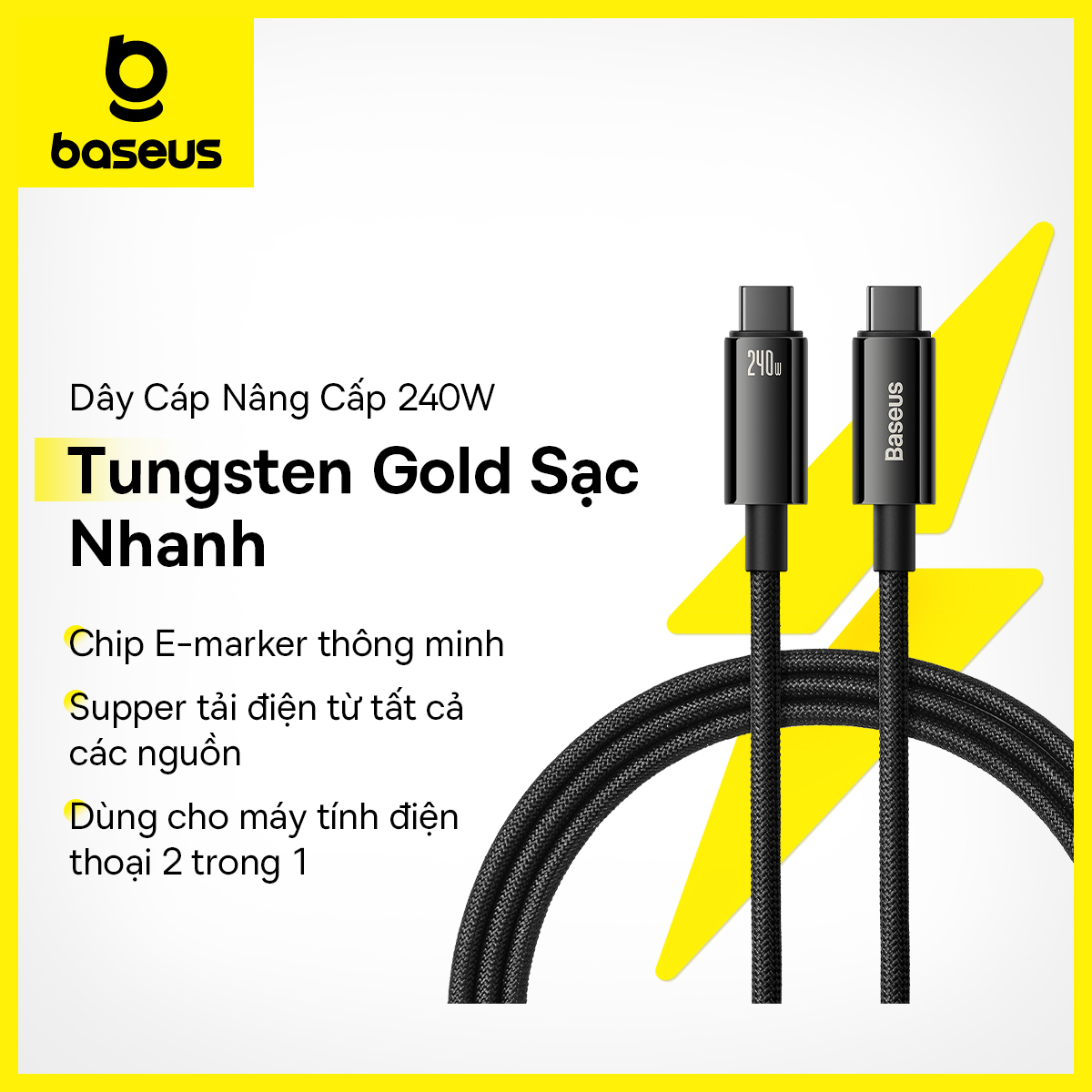 Dây cáp sạc nhanh baseus usb-c loại type c 240w cho ip 15 pd 3.1 realme samsung s23 mac pc