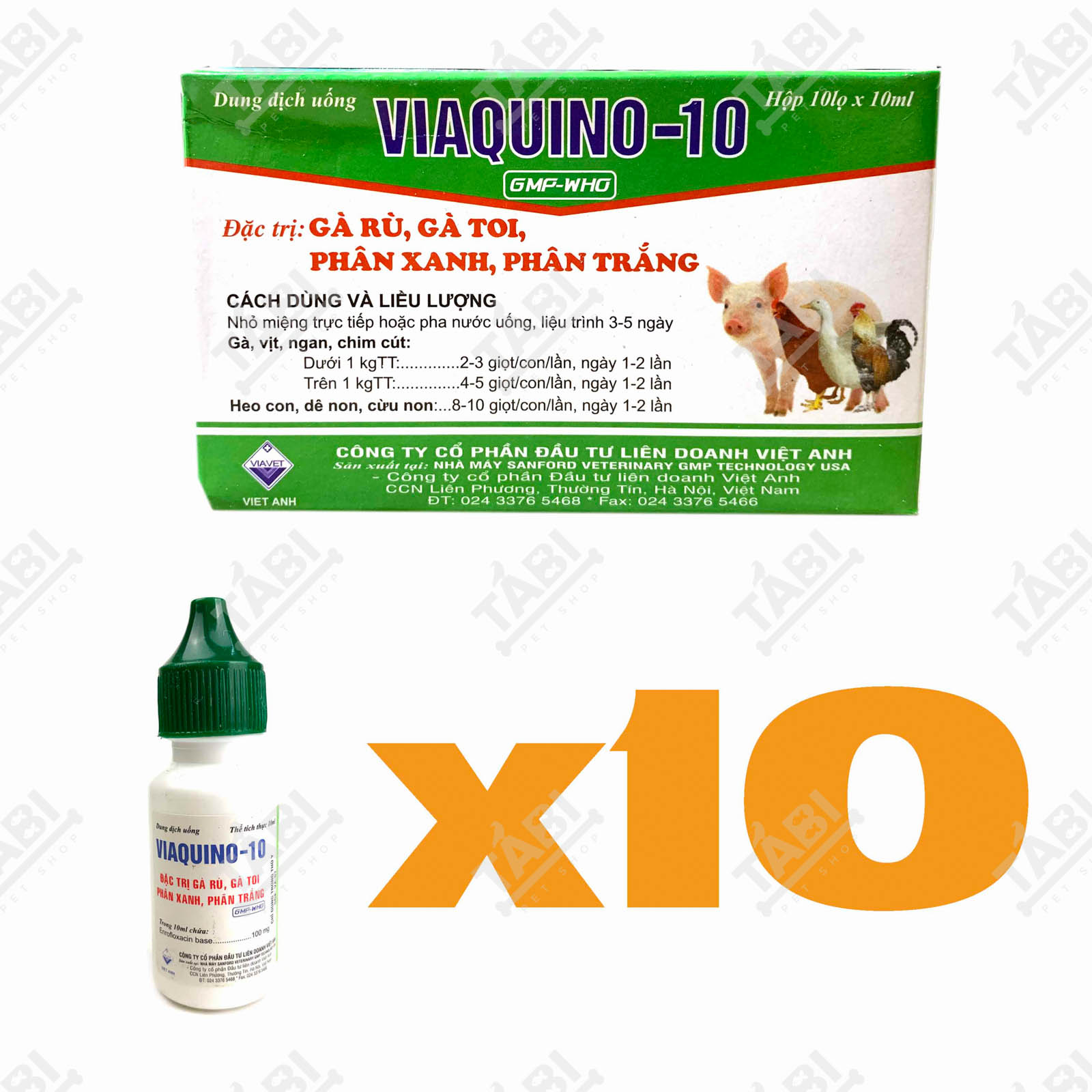 Hộp 10 chai dung dịch uống viaquino-10 - dùng cho heo gà vịt ngan chim cút rù gà toi phân xanh phân trắng.