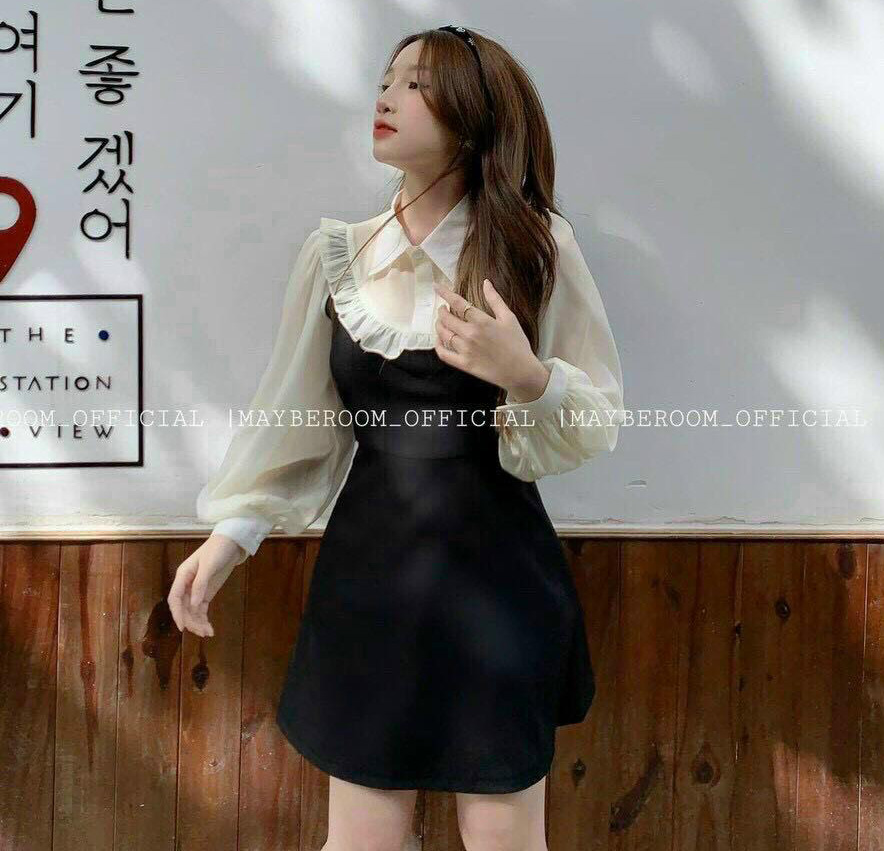 [Hàng Hot] Đầm Váy Nữ Phối Voan Cổ Sơ Mi Đính Cúc Chạy Viền Bèo Tay Dài Thời Trang Kiểu Cách Đi Chơi, Đi Dự Tiệc D.ONE FASHION, Mẫu Free Size (40-55Kg) Mặc Vừa