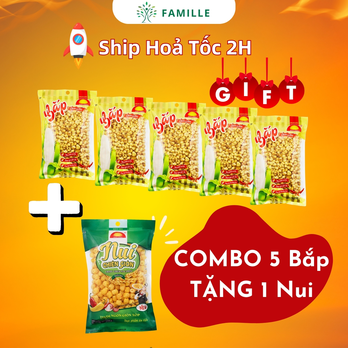 Combo 5 Bắp Chiên Giòn 200g Tặng 1 Nui Chiên Giòn | Ngô Cay | Ăn Chay Được | Đồ Ăn Vặt | Ngô Nếp Sấy Giòn | Bắp Chiên Hùng Cường | Ngô Sấy|