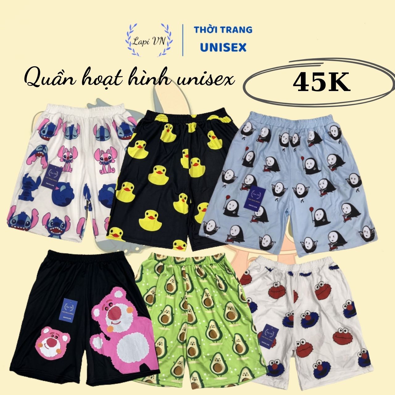 Quần Lưng Thun Mặc Nhà In Hình Hoạt Hình Cute -Lapi VN ,Nam Nữ Đều Mặc Được, Short Lửng Thú Unisex