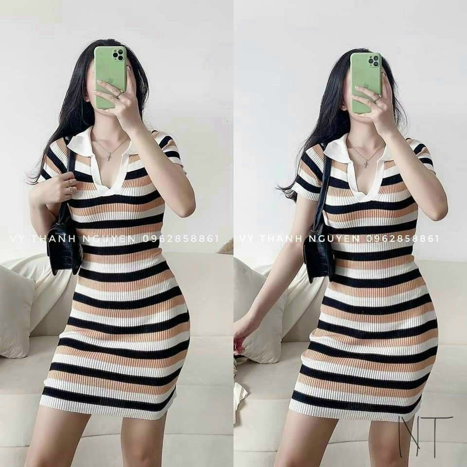 Đầm body kẻ sọc ngang tay ngắn cổ trụ chất len dày dặn lên form tôn dáng chuẩn đẹp hàng QCCC m35