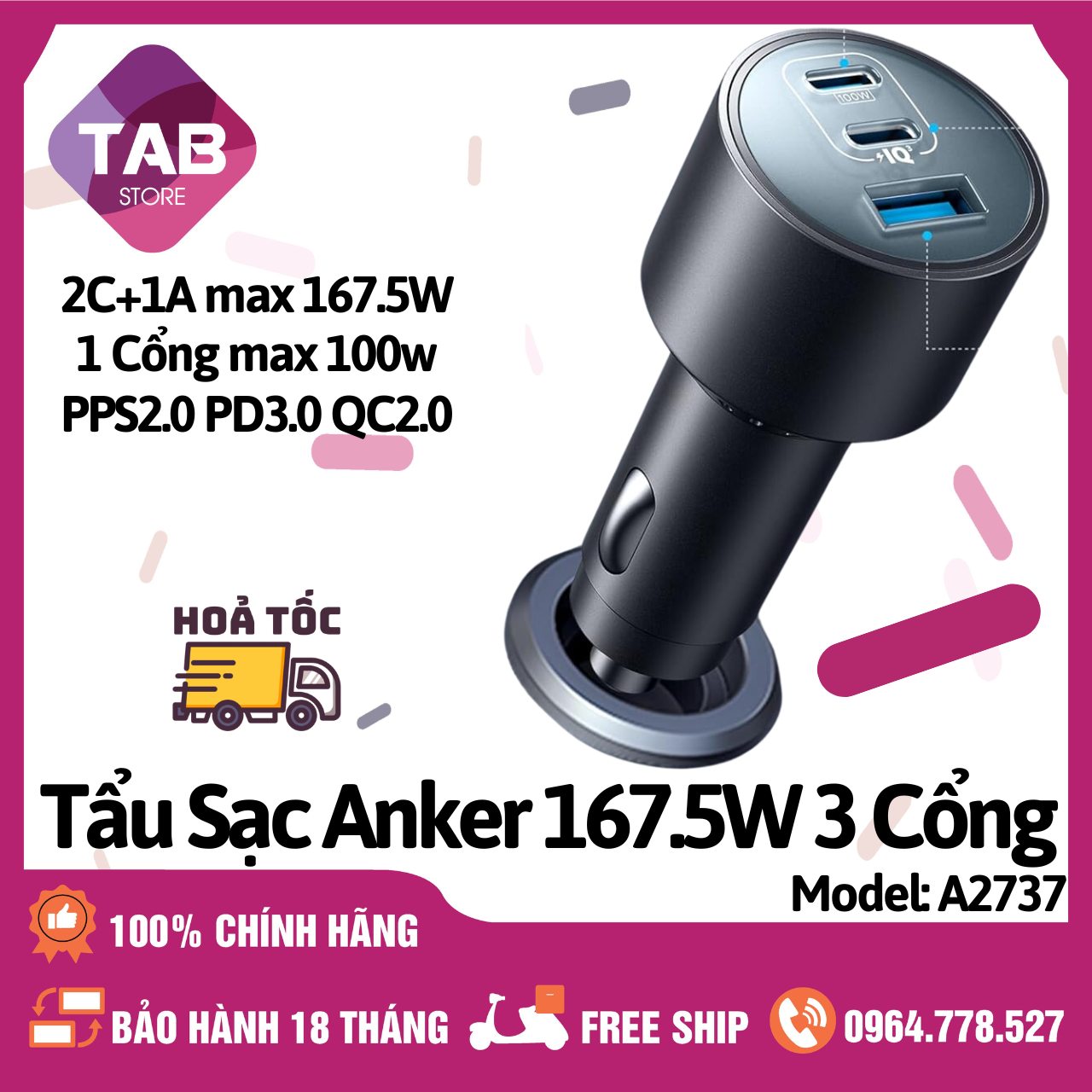 Tẩu Sạc Nhanh Anker 167.5w 3 Cổng PD/PPS2.0/QC3.0  A2737 - Bảo Hành 18 Tháng