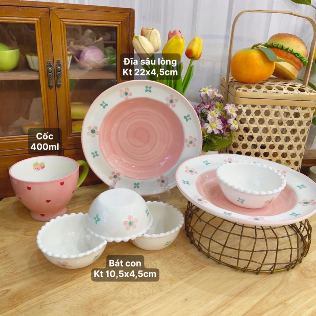 Bát đĩa gốm sứ decor, Bát ăn cơm, Bát ăn chè, Chén dĩa dễ thương, Bộ bát đĩa hoa hồng nhí siêu xinh sét 7 món