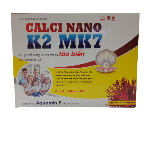 Calci Nano K2-MK7 – Hộp 100 viên - sự kết hợp độc đáo của các dưỡng chất cần thiết cho sự phát triển của hệ xương và chiều cao của trẻ gồm: Calci Nano,, Vitamin D3 &amp; MK7 (Vitamin K2).
