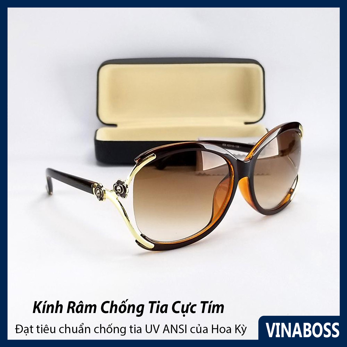 Mắt kính mát nữ thời trang form oval màu nâu trà chống tia UV VN858TR - Tặng hộp đựng kính và khăn lau kính