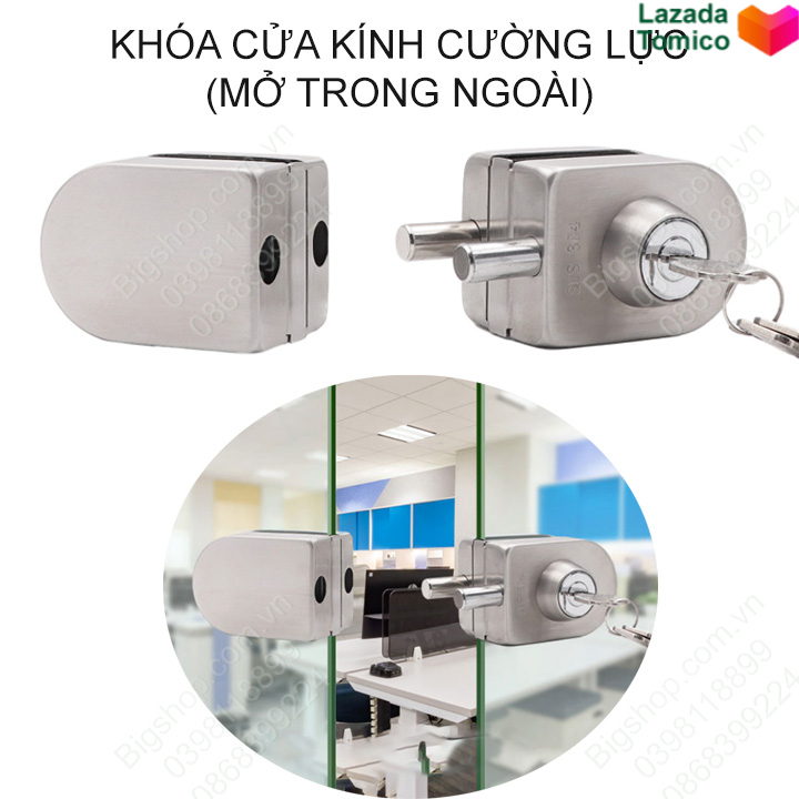 Khóa cửa kính cường lực không khung bằng inox 304, khóa cả trong và ngoài [Kho Hà Nội]